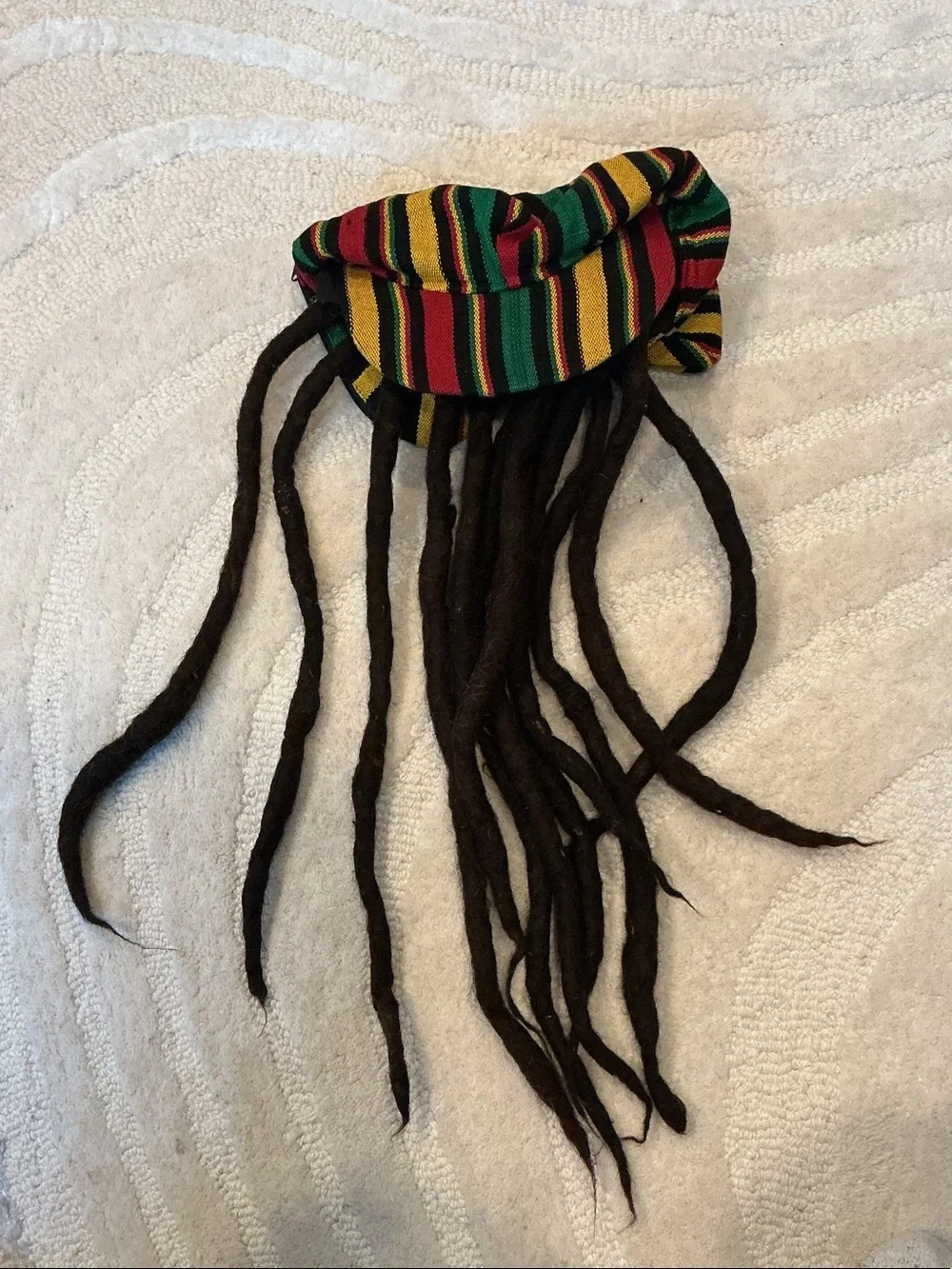 Jamaican Multicolor Rasta Stripe Beanie with Brown Faux Dreadlocks